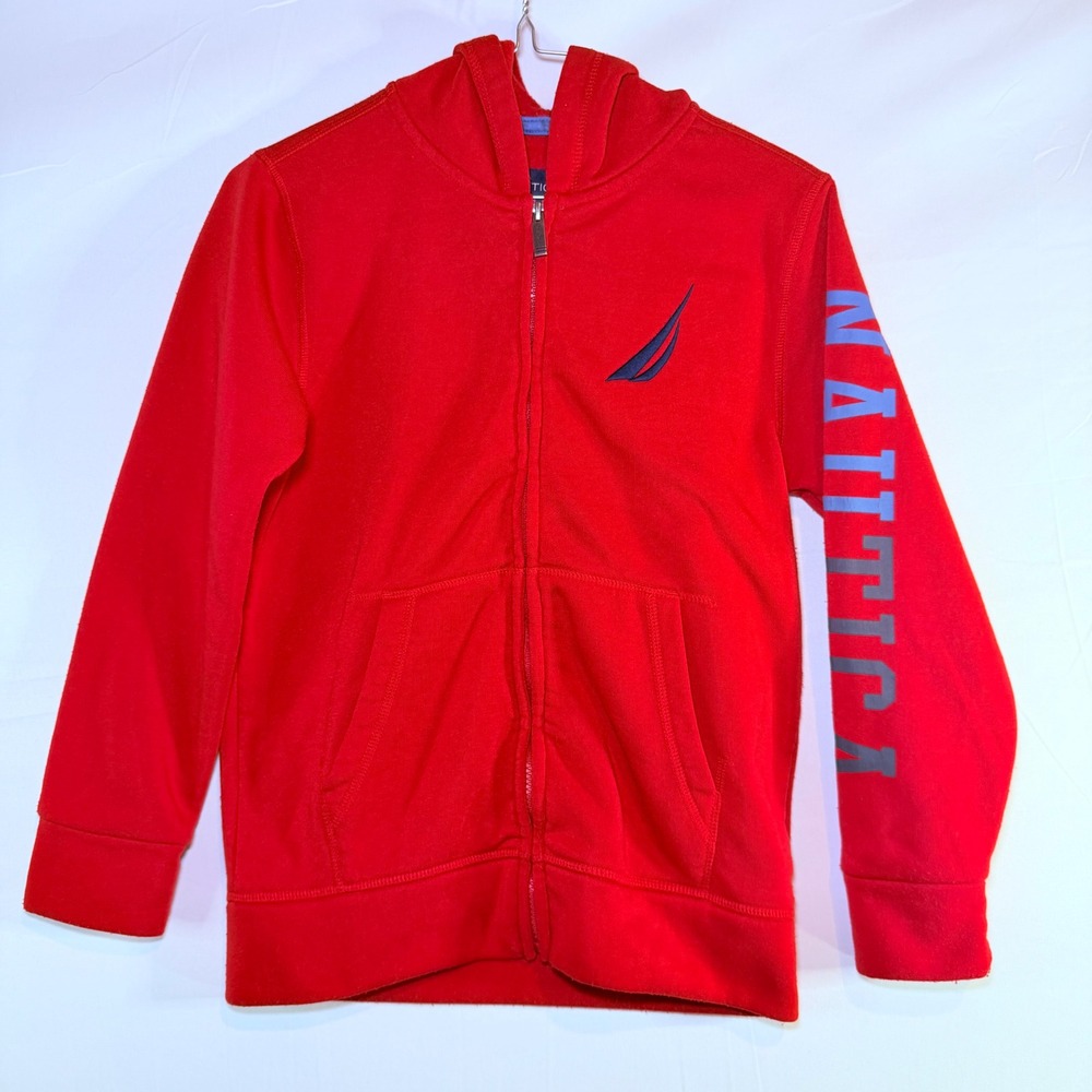 Nautica Boys Red Full Zip Hoodie Sleeve Logo Graphic Sweatshirt Size M 10/12